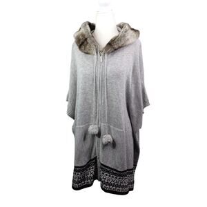 BCBG Maxazria Hooded Poncho Sweater Womens S/M Gray Full Zip Faux Fur Oversized